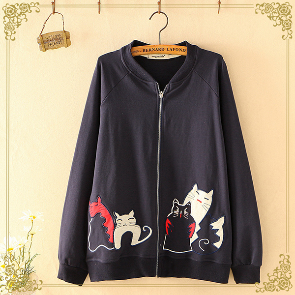 สื้อแจ็คเก็ตกันหนาววิจเทจ ปักลายแมว แต่งกระเป๋าคู่ (12310LM)