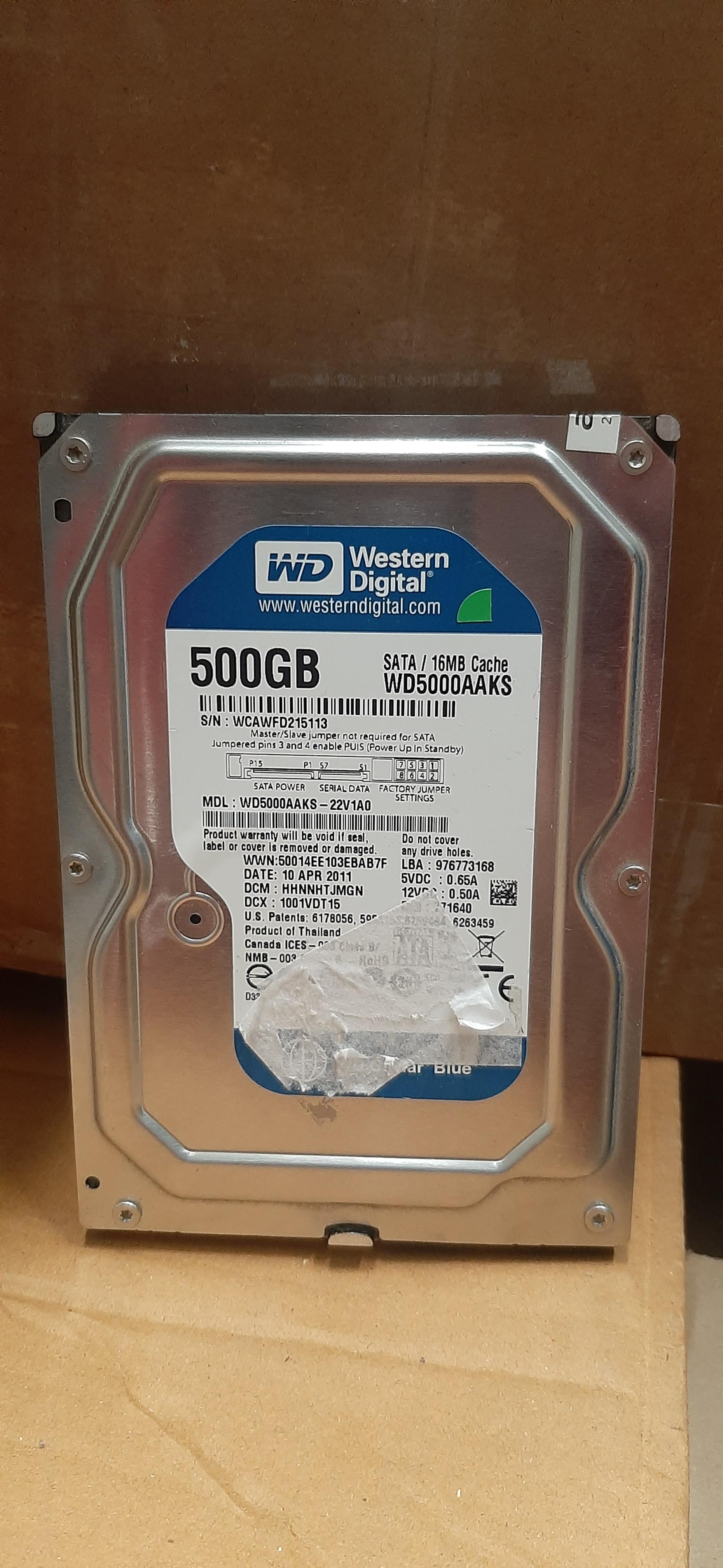 HDD WD Blue 500GB SATA 3.5 6Gbps 7200RPM" มือสอง พร้อมสาย Sata