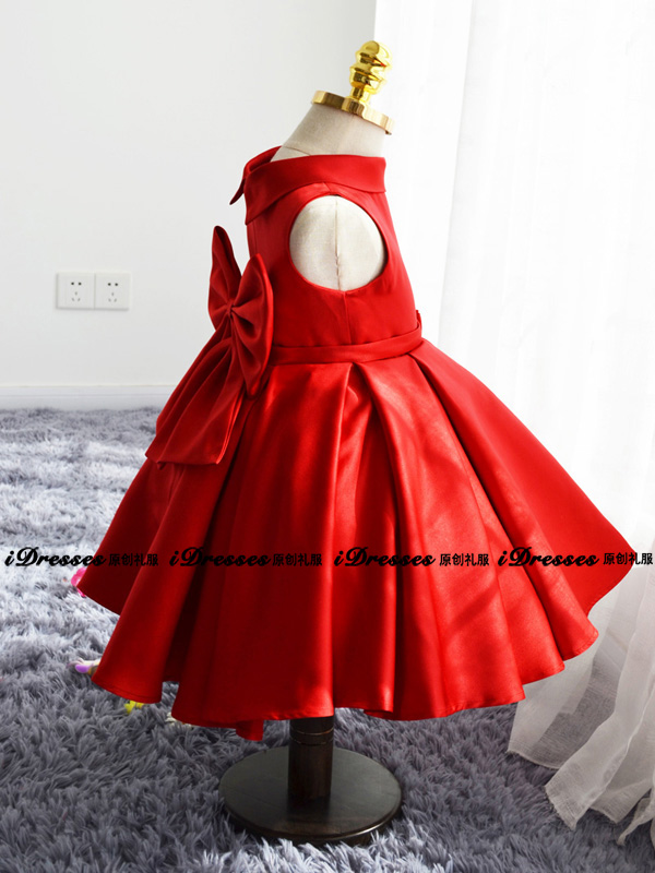 Pre-order ชุดราตรีเด็ก สีแดง สไตล์เจ้าหญิง ผ้าซาติน แขนกุด ทันสมัย เรียบหรู ด้านหลังคาดโบว์ใหญ่ ถอดออกได้