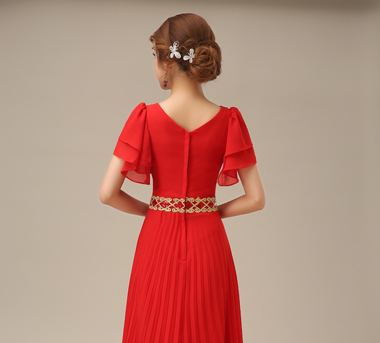 Pre-order ชุดราตรียาว คอวี แขนระบาย ผ้าชีฟอง อัดพลีท แต่งเลื่อม มีซิป ไซส์ใหญ่ XL - 6XL