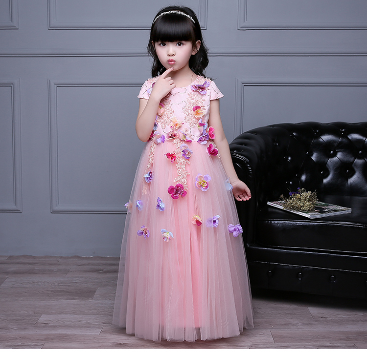 Pre-order ชุดแฟนซี แขนสั้น คอกลม ปักเลื่อม แต่งดอกไม้ กระโปรงตาข่าย ซิปหลัง