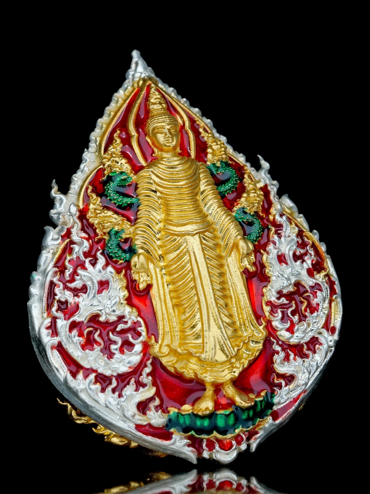 พระพุทธประทานพร รุ่น พุทธบารมี รหัส3 เนื้อบรอนซ์ชุบเงินชุบทอง ลงยาแดง องค์ชุบ2K