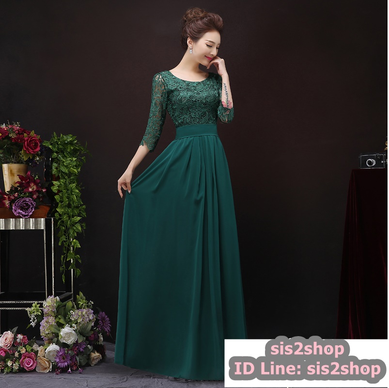 พร้อมส่ง ชุดราตรียาว สีเขียว แขนสามส่วน ลูกไม้ฉลุ กระโปรงผ้าชีฟอง