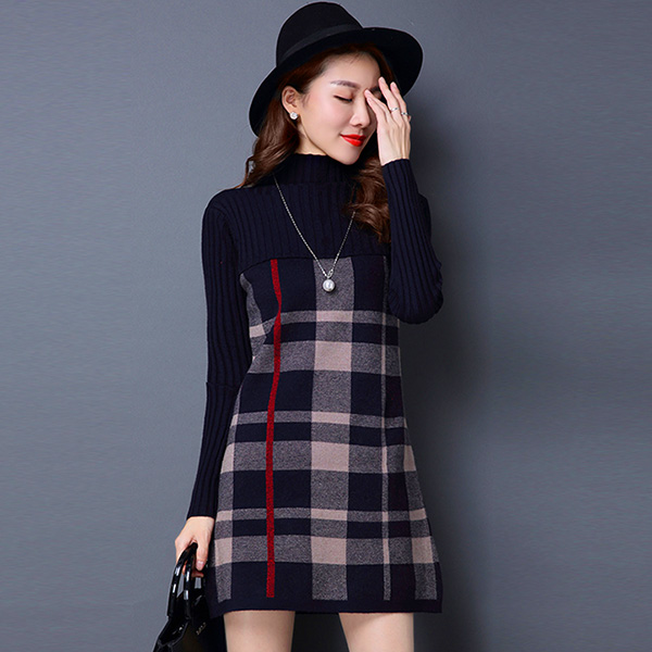 เดรสคอเต่ากันหนาว ไหมพรมกึ่งวูลหนานุ่มทอลาย (11767B)