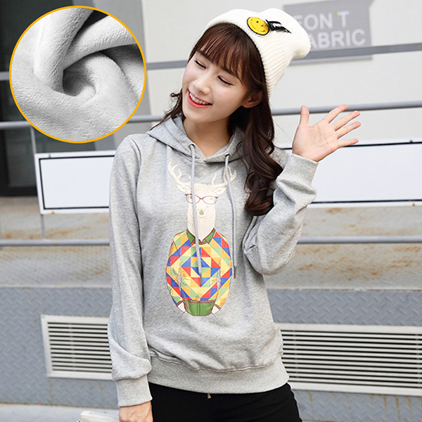 เสื้อสเวตเตอร์ฮู้ดพิมพ์ลายกวาง ซับกำมะหยี่กันหนาว (11981H)