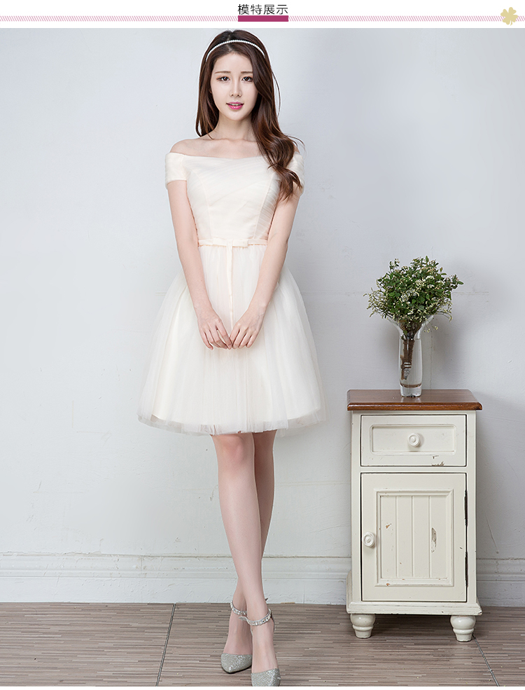 Pre-order ชุดราตรีสั้น ไหล่ปาด อัดพลีท แต่งโบว์คาดเอว กระโปรงตาข่าย เชือกผูกหลัง