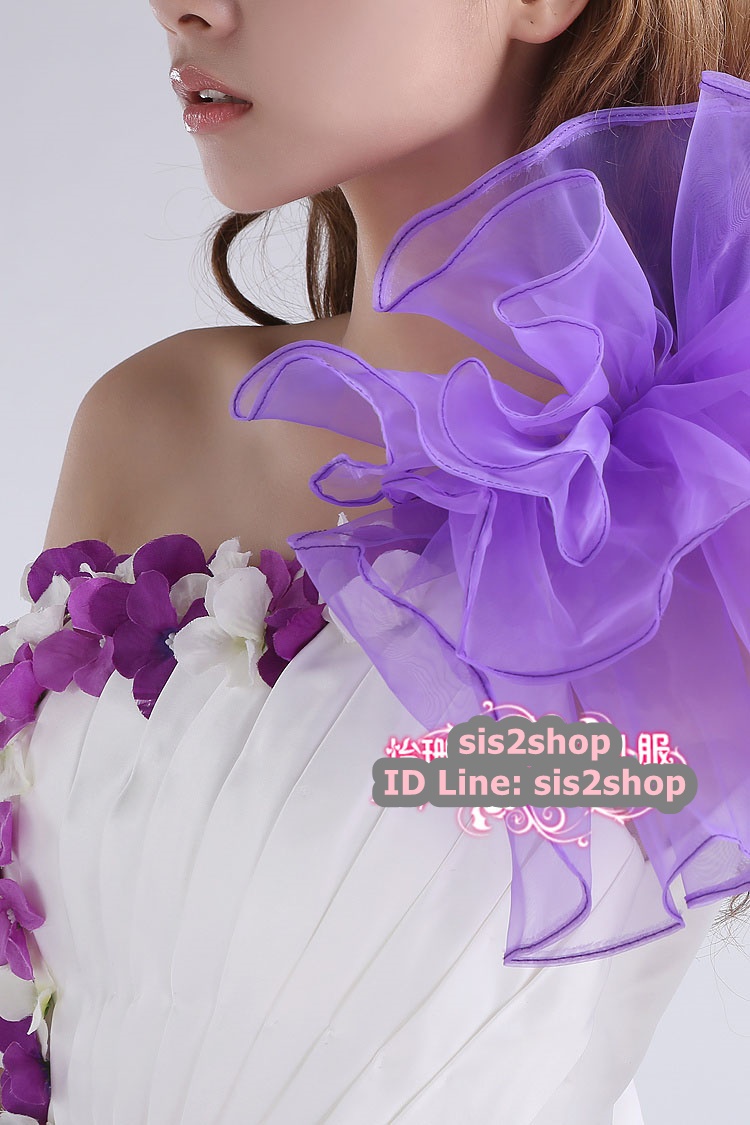 พร้อมเช่า ชุดแฟนซี ชุดราตรียาว สีม่วง+ขาว เกาะอก ไหล่เดียว แต่งดอกไม้ แต่งระบายช่วงไหล่