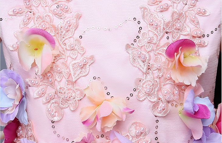 Pre-order ชุดแฟนซี แขนสั้น คอกลม ปักเลื่อม แต่งดอกไม้ กระโปรงตาข่าย ซิปหลัง