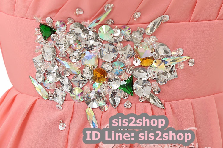 พร้อมส่ง ชุดราตรียาว ไหล่เดียว สีโอโรส ผ้าชีฟอง แต่งเลื่อม+มุก ช่วงเนินอกและเอว