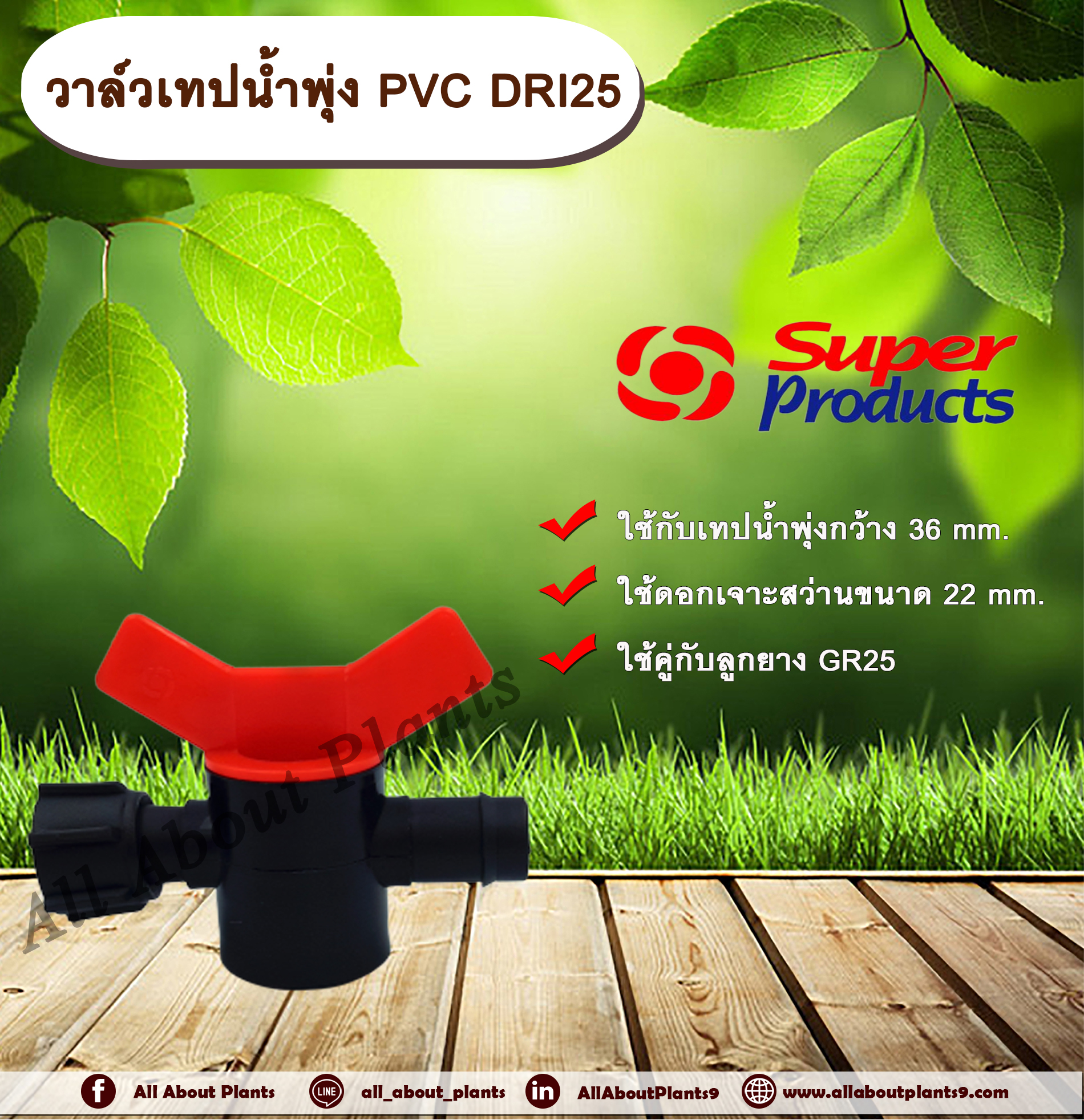 วาล์วเทปน้ำพุ่ง PVC DRI25 Super Products วาล์วต่อเทปน้ำพุ่ง กับท่อ PVC allaboutplants ชิ้น