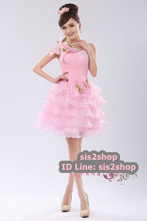 พร้อมเช่า ชุดแฟนซี ชุดราตรีสั้น กระโปรงระบาย ผ้าแก้ว แต่งดอกไม้สวยหวาน สีชมพู