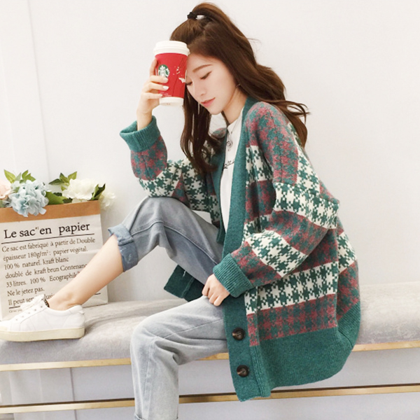 CARDIGAN เสื้อคลุมไหมพรมคอวี ผ้าหนานุ่มถักลายตาราง (12272B)