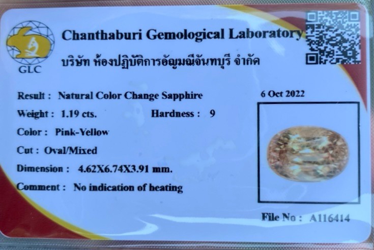 พลอย คัลเลอร์เชนจ์ แซฟไฟร์ Color Change Sapphire 1.19 กะรัต (Cts.) ดิบ พร้อมใบเซอร์ พลอยแท้ อัญมณีมงคลประจําวันเกิด เครื่องประดับพลอย