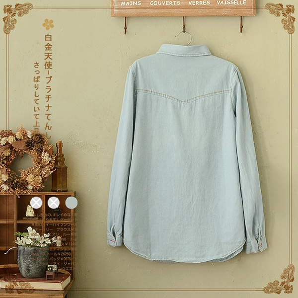 เสื้อเชิ้ตแขนยาว ผ้ายีนส์นิ่มลายดอกสไตล์วินเทจ (12094LM)