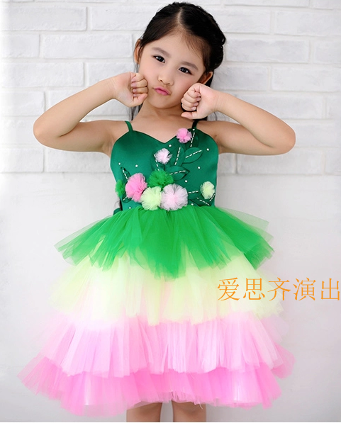 Pre-order ชุดแฟนซี ชุดแสดง ชุดกระโปรง เกาะอกสายเดี่ยว แต่งใบไม้ ดอกไม้ ช่วงอก กระโปรงตาข่ายหลากสีเป็นชั้น ๆ