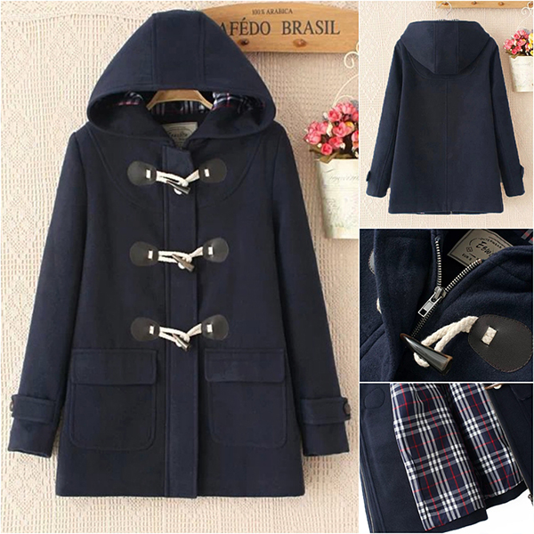 เสื้อโค้ทกันหนาววินเทจ มีฮู้ดแต่งกระดุมเขี้ยว ซับผ้าลายสก็อต (11724LM)