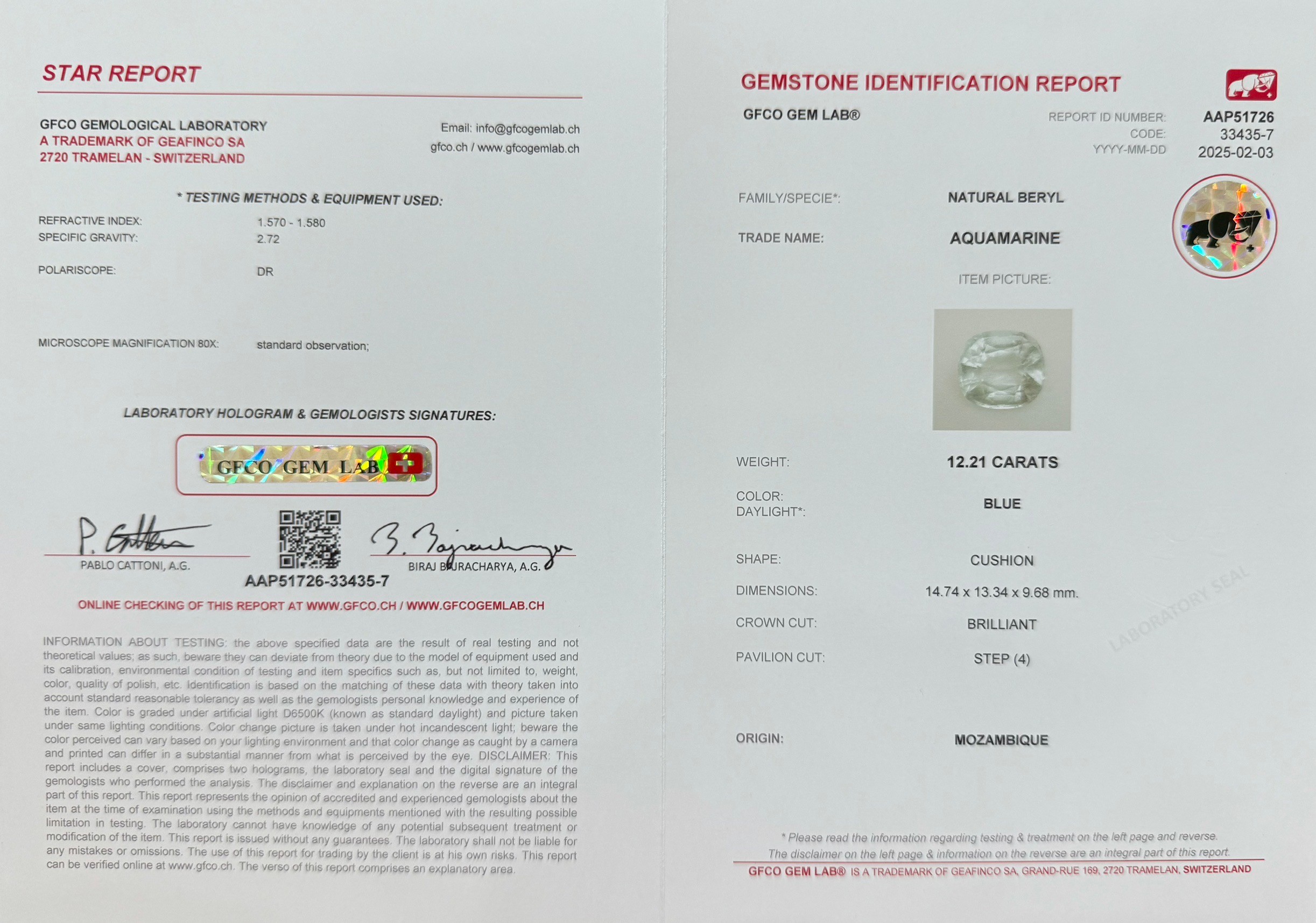 พลอย อความารีน Aquamarine 12.21 กะรัต (Cts.) พร้อมใบเซอร์ พลอยแท้ อัญมณีมงคลประจําวันเกิด เครื่องประดับพลอย