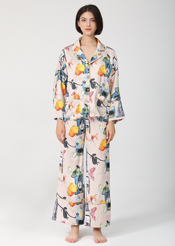 🚩พร้อมส่ง🚩ชุดนอน Silk Satin ไหมซาตินเกรดพรีเมี่ยม พิมพ์ลายสไตล์วินเทจ ผ้านุ่มลื่นละมุนผิว (ST125)