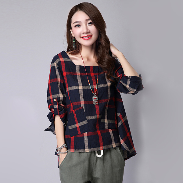 เสื้อแฟชั่นวินเทจ แขนยาวมีสแนป ผ้าทอนิ่มลายตาราง (11491M)
