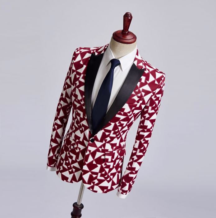 เช่า เสื้อสูท สูทแฟนซี สีแดงขาว แต่งปกคอดำ พิมพ์ลายกราฟฟิก