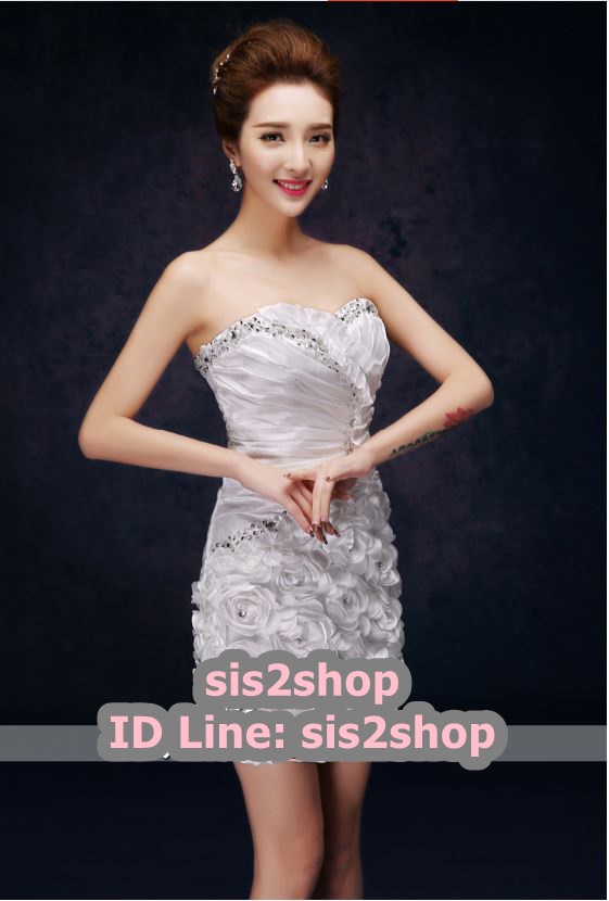 พร้อมส่ง ชุดราตรีสั้น เกาะอก สีขาว สไตล์เกาหลี เข้ารูปแต่งดอกตรงกระโปรง ปักเลื่อมหรู