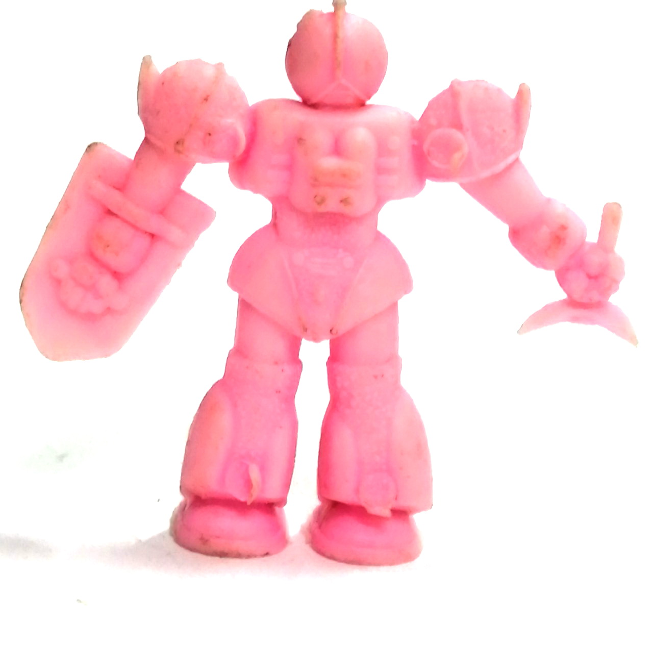 ตุ๊กตุ่นพลาสติก กึ่งแข็งกึ่งอ่อน ขนาด2นิ้ว หุ่นแซค(ซากุ/ZAKU) ตัวร้ายจากกันดั้ม ภาคแรก, สีชมพูนม ขนาดตามรูป งานเก่าเก็บ