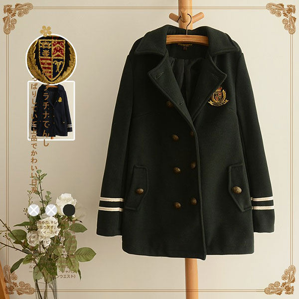 เสื้อโค้ทกันหนาวแฟชั่นญี่ปุ่น ปักลายอก มีกระเป๋าคู่ (11830LM)