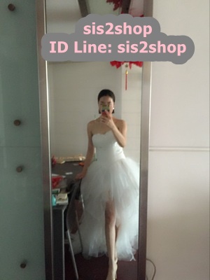 Pre-order ชุดแฟนซี ชุดราตรีสั้น หน้าสั้นหลังยาว สีขาว เกาะอก จับจีบ ปักเลื่อมช่วงอก กระโปรงเป็นชั้น เชือกผูกหลัง