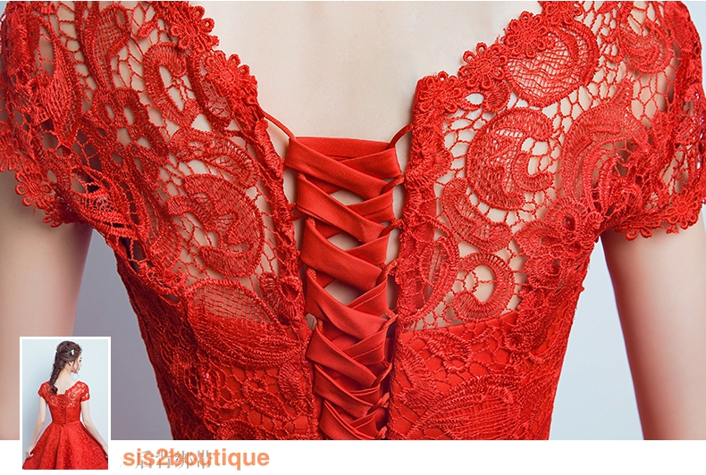 Pre-order ชุดราตรีสั้น สีแดง แต่งลูกไม้ทั้งชุด เพิ่มโบว์ช่วงเอว กระโปรงหน้าสั้นหลังยาว เชือกผูกหลัง