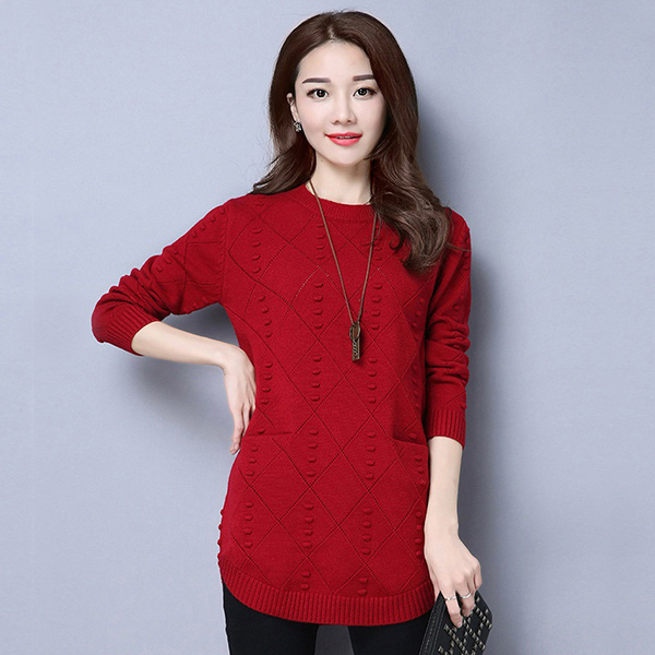 เสื้อไหมพรมแขนยาวถักลาย แต่งกระเป๋าคู่ (12056B)