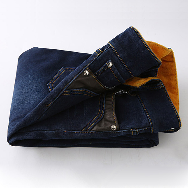 กางเกงยีนส์กันหนาว ทรงสลิม ซับกำมะหยี่ กระเป๋าแต่งหนัง (11660X)