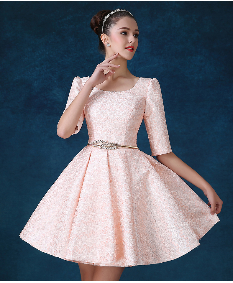 Pre-order ชุดราตรีสั้น ชุดเพื่อนเจ้าสาว สีชมพู สีแดง แขนกุด แต่งตัวชุดด้วยลูกไม้ ปักเลื่อม สวยหวาน เชือกผูกหลัง