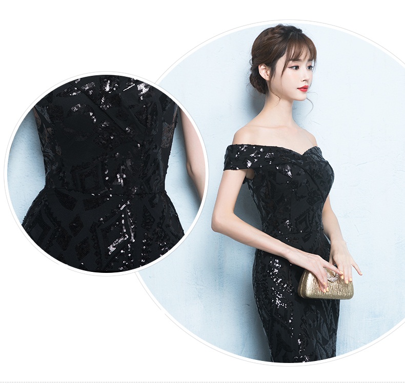 Pre-order ชุดราตรียาวแบบปาดไหล่ทรงหางปลา สีดำปักเลื่อมสวยหรู