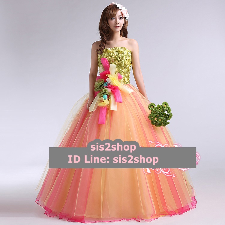 พร้อมเช่า ชุดแฟนซี ชุดราตรี สีส้ม แต่งลูกไม้ 3D สีเขียว (เชือกผูกหลัง)