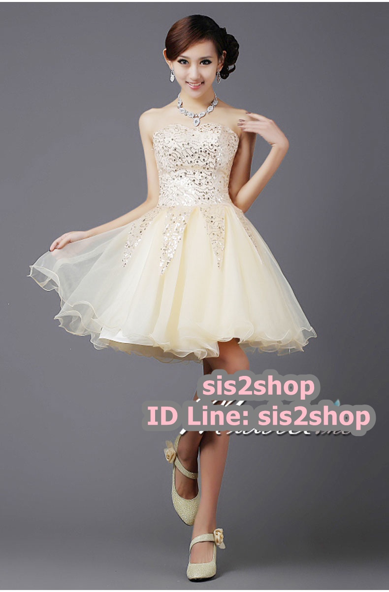 พร้อมส่ง ชุดราตรีสั้น เกาะอก สีครีม Champagne กระโปรงสุ่ม อกปักเลื่อมสวยวิบวับ