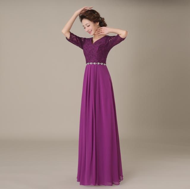 Pre-order ชุดราตรียาว ชุดเพื่อนเจ้าสาว ผ้าชีฟอง อกแต่งลูกไม้ แต่งเพชรที่เอว