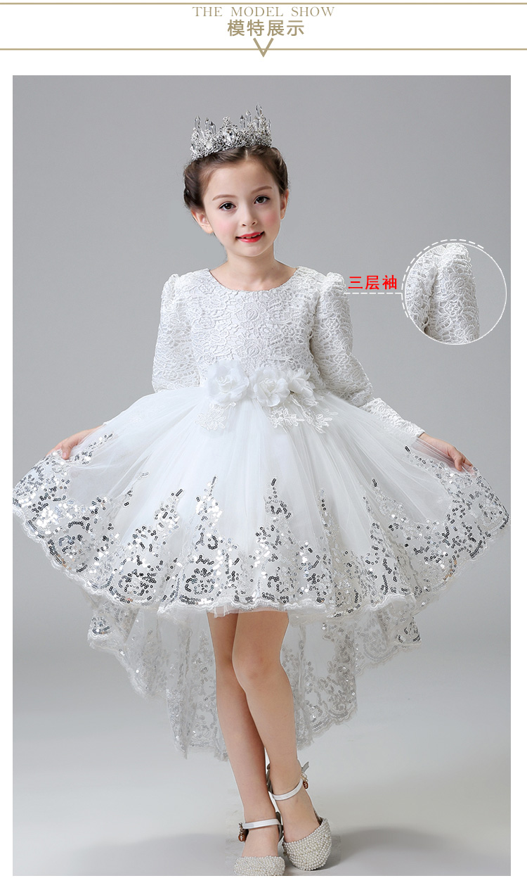 Pre-order ชุดราตรีเด็ก หน้าสั้นหลังยาว แขนยาว กระโปรงตาข่าย แต่งดอกไม้ช่วงเอว ปักเลื่อมที่ชายกระโปรง แต่งโบว์ด้านหลัง สวยน่ารัก