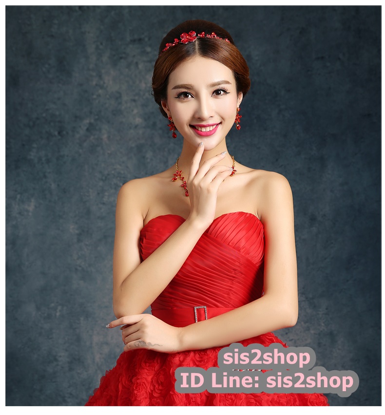 พร้อมส่ง ชุดราตรีสั้น เกาะอก ทรงบอลลูน เชือกผูกหลังพร้อมเข็มกลัด กระโปรงดอกสามมิติ สีแดง (แบบเชือกผูกหลัง)