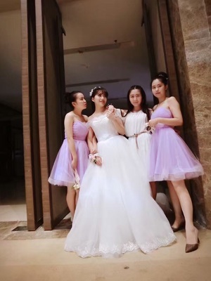 ชุดราตรีสั้น ชุดเพื่อนเจ้าสาว กระโปรงตาข่าย มีหลายแบบ สีม่วง (เชือกผูกหลัง)