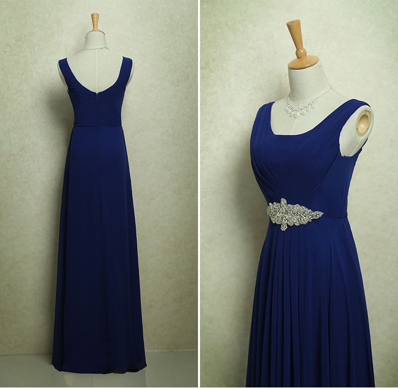 Pre-order ชุดราตรียาว แขนกุด จับจีบ ผ้าชีฟอง แต่งเพชรที่เอว ซิปหลัง