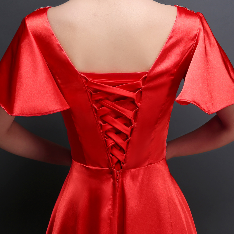 พร้อมส่ง ชุดราตรียาว แบบแขนสั้น ผ้าซาตินสวยสง่า อกจับจีบปักเลื่อมช่วงอก-เอว สีฟ้า (เชือกผูกหลัง)