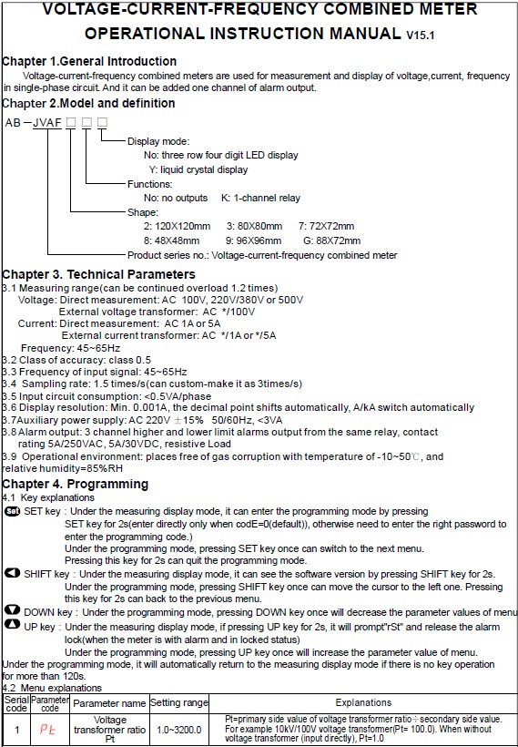 220Vac 1 เฟส มัลติโวลต์มิเตอร์ดิจิตอล (72x72)