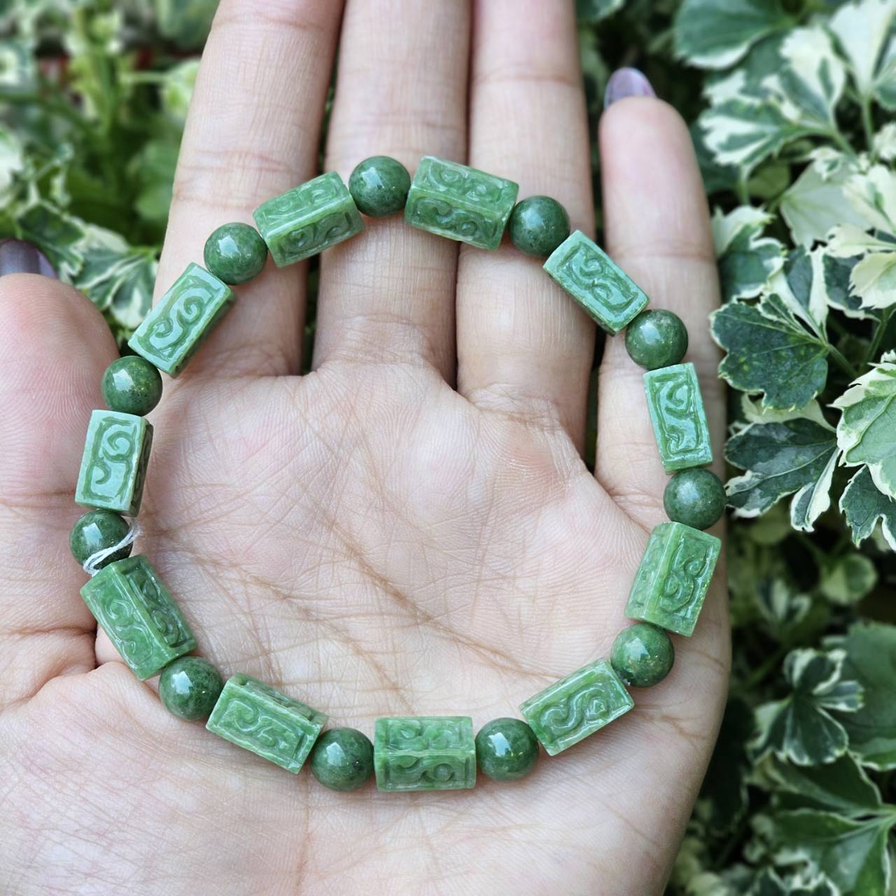 ๋JB6803001 หยก พม่า แท้ Jade กำไล ประคำหยกแกะสลัก 6.3 มม. (Jadeite Beads Bracelet) พม่า (Myanmar)