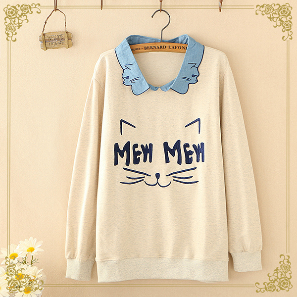 เสื้อสเวตเตอร์สไตล์วินเทจ คอปกเชิ้ต ผ้าคอตตอนนิ่มปักลายแมว (12318LM)