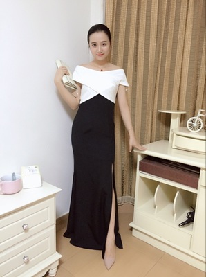 ชุดราตรียาวแบบไหล่ปาดสีทูโทน ทรงเข้ารูป แบบเก๋ (ซิปหลัง)