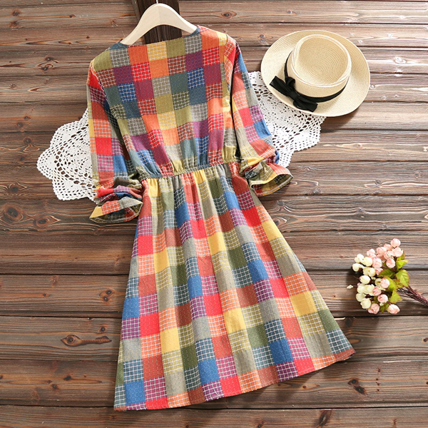 เดรสแฟชั่นญี่ปุ่น แขนยาว ทอผ้าลายตางราง (12384LM)