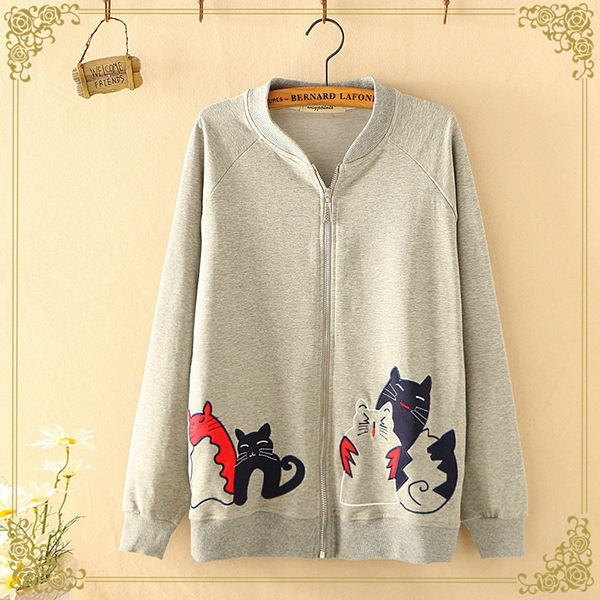 สื้อแจ็คเก็ตกันหนาววิจเทจ ปักลายแมว แต่งกระเป๋าคู่ (12310LM)