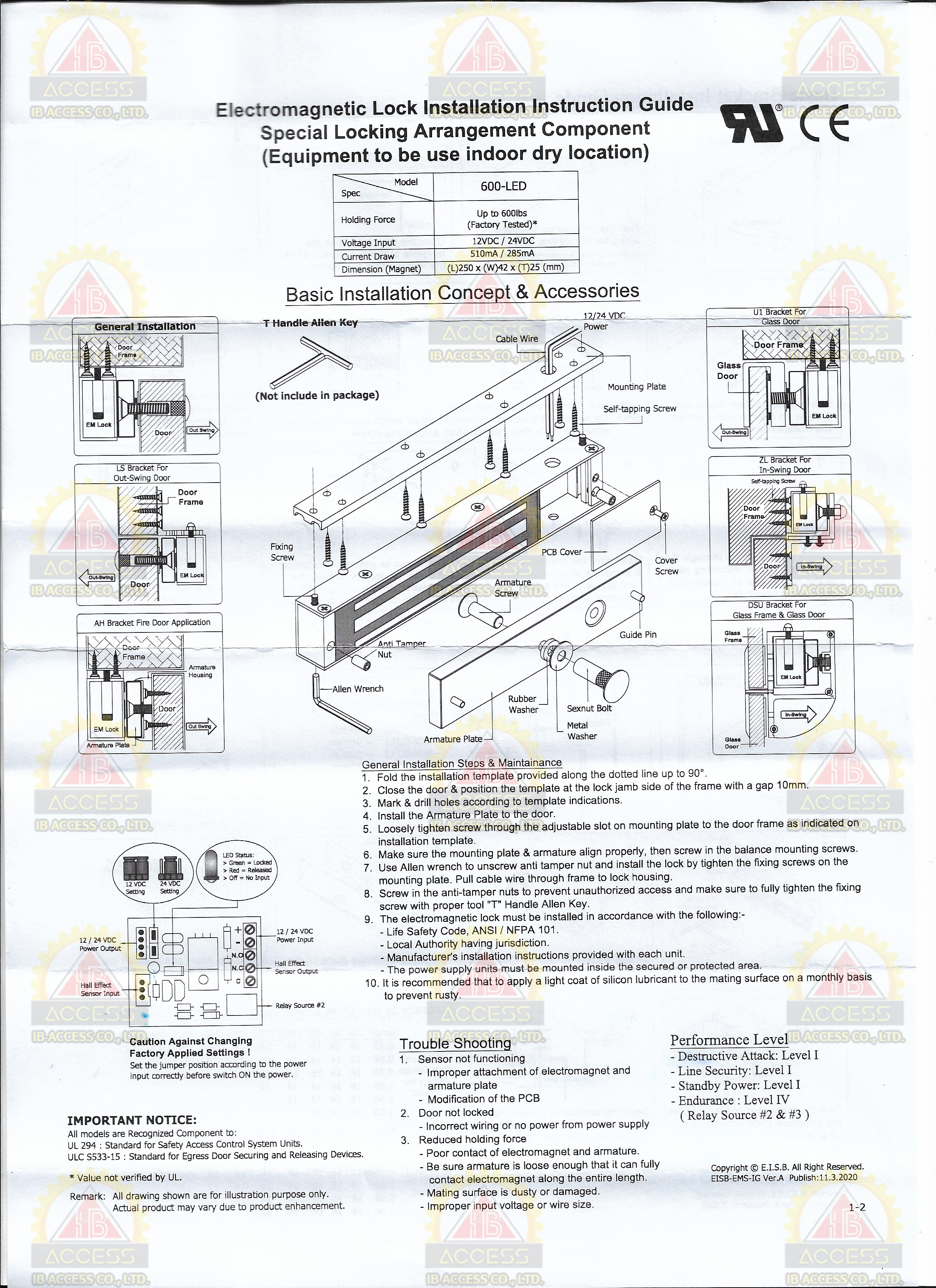 Magnetic Lock 600 lbs. ยี่ห้อ BEL รุ่น 600LED พร้อม LZ Bracket