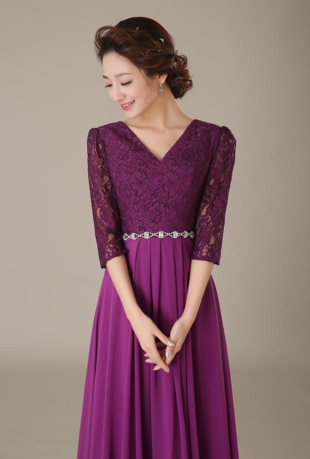 Pre-order ชุดราตรียาว ชุดเพื่อนเจ้าสาว ผ้าชีฟอง อกแต่งลูกไม้ แต่งเพชรที่เอว