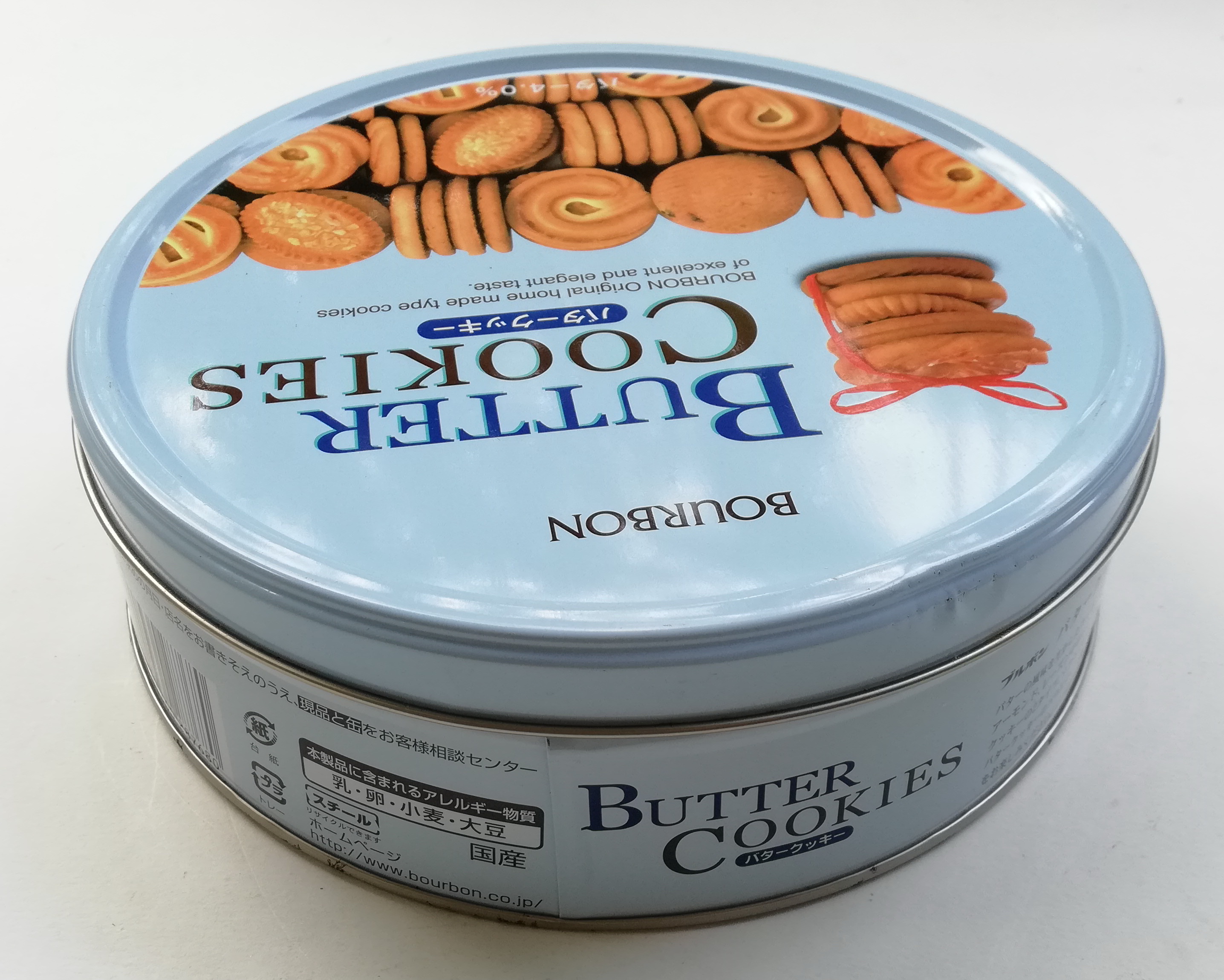 ของสะสม กล่องสังกะสี (กล่องโลหะ) **ฝาปิดไม่สนิท กล่องคุ้กกี้จากญี่ปุ่น กล่องสีฟ้า ยี่ห้อ BOURBON BUTTER COOKIES , ORIGINAL HOMEMADE TYPE COOKIES OF EXCELLENT AND ELEGANT TASTE